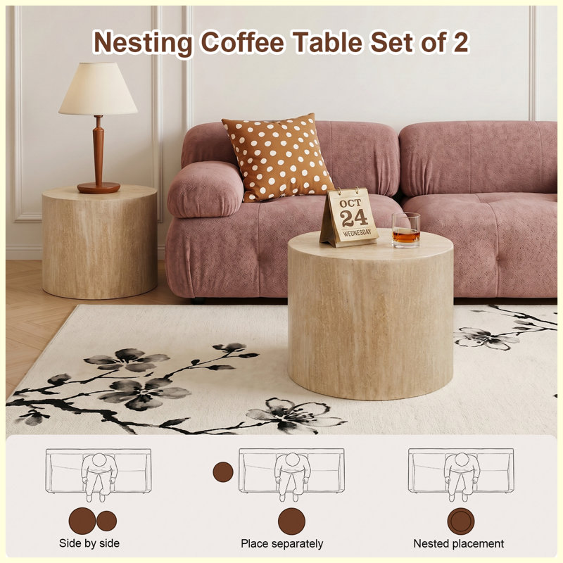 Ensemble de 2 tables basses gigognes rondes modernes, tables d'appoint en bois avec pieds antidérapants pour petits espaces, aucun assemblage requis