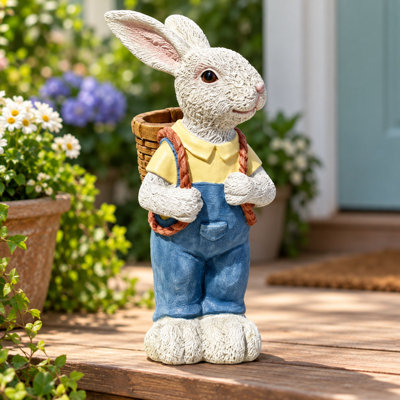 Statue de couple de lapins en résine de 41 cm (16,14 pouces), panier de fleurs pour la décoration du jardin