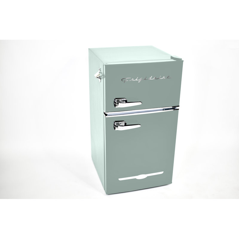 FRIGIDAIRE Retro 2-Door Compact Fridge Freezer Combo, 3.1 Cu. Ft., Stainless Steel, Built-in Bottle Opener, Mint