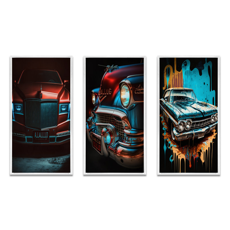 «Red and Silver Expressions Of Classic Cars», 3 pièces sur toile, Cadre flottant blanc, H 28 po x l 36 po