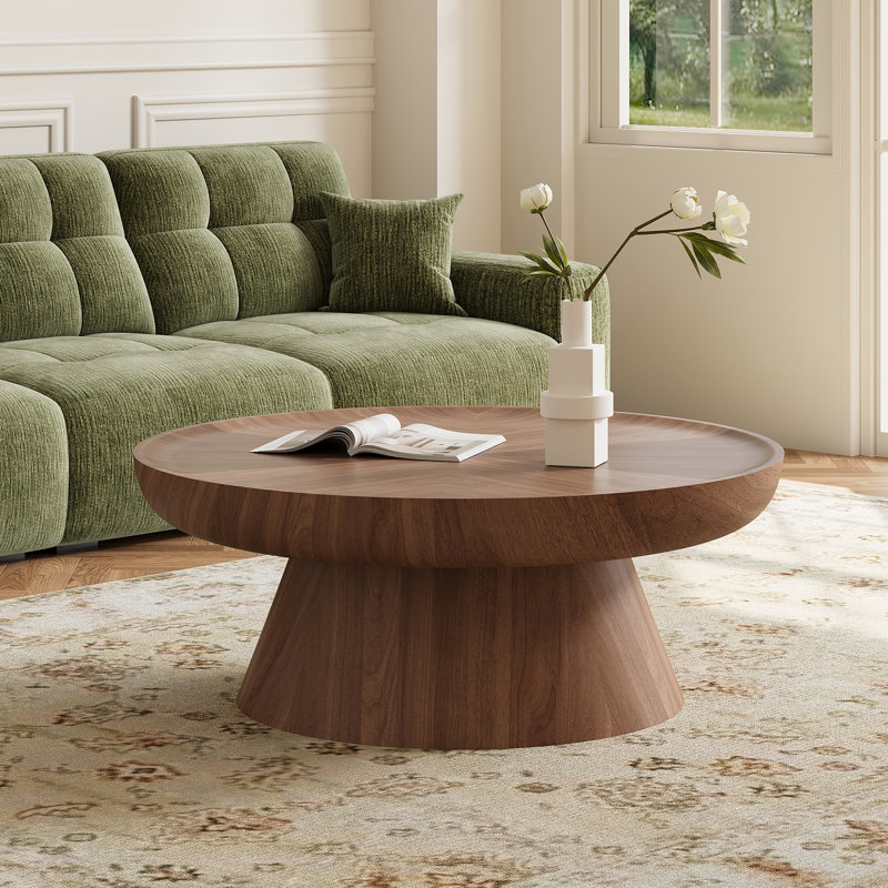 35.43'' Rustic Walnut Round Coffee Table With Thick Conical Base, No Assembly Needed, Walnut