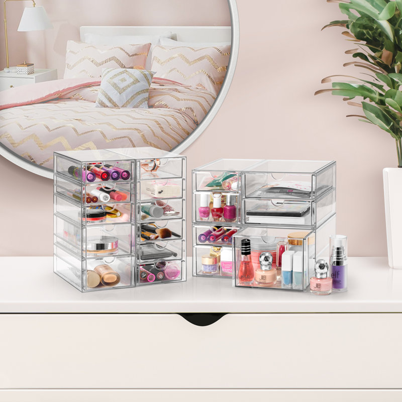 Ensemble de trousses de rangement pour maquillage - 18 tiroirs, 4 bacs de rangement empilables transparents