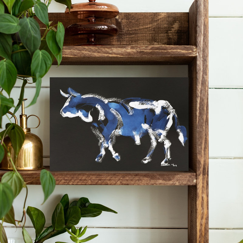 Abstrait taureau bleu abstrait et expressionniste contemporain, 12" H x 18" W