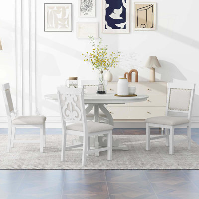 5-Piece Retro Functional Dining Set,1 Extendable Table with a 16-inch Leaf and 4 Upholstered Chairs for Dining Room and Kitchen