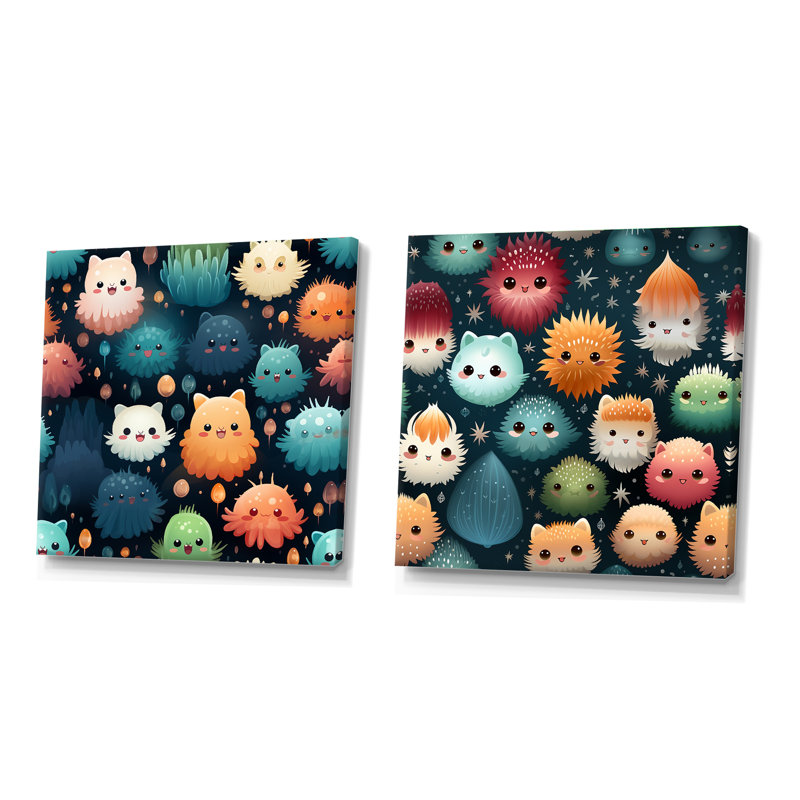 Coastal Creatures Wallpaper For Kids - Animals Cat Square Collage Set Of 2, Wrapped Canvas, 30" H x 61" W