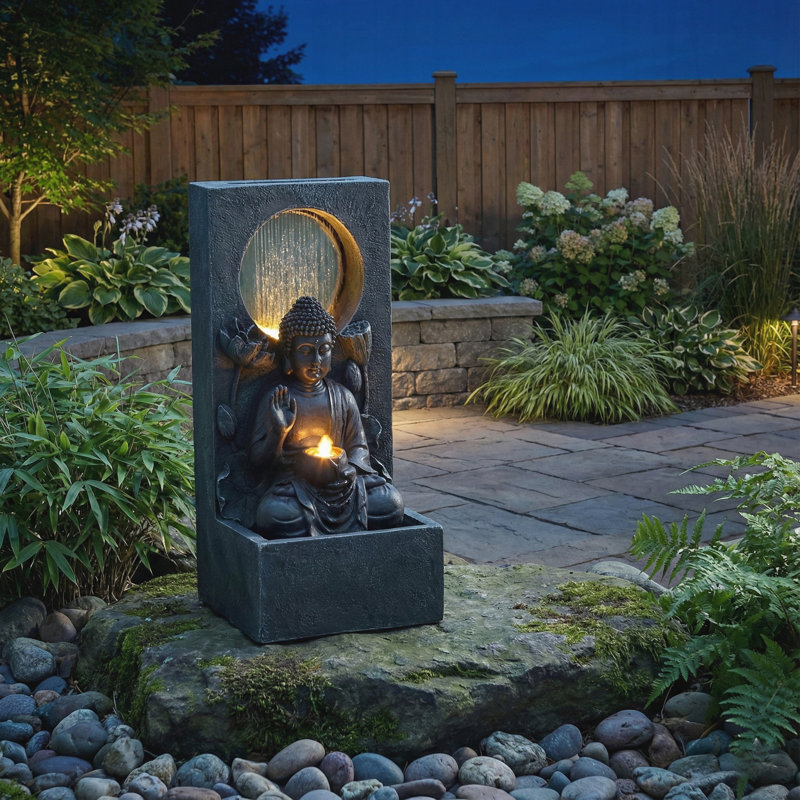 Outdoor Buddha Waterfall Fountain, Freestanding Relaxing Water Feature, Asian Zen Fengshui Decor For Patio, Garden, Backyard, Deck & Home, Ideal Gift Led Fountain