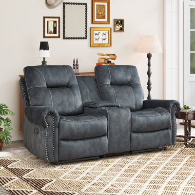 76.77'' Wide Classic Microfiber Upholstered Manual Reclining Loveseat With Center Console And Nailhead Trim