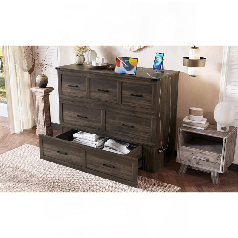 Armoire lit escamotable double avec station de charge, lit plateforme pliable multifonctionnel avec 1 grand tiroir de rangement pour chambre d'amis, petite chambre, gris rustique