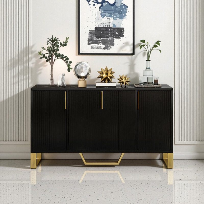 Modern Black Buffet Sideboard - 60" 4-Door Storage with Gold Metal Handles, Adjustable Shelves & Metal Legs, Black