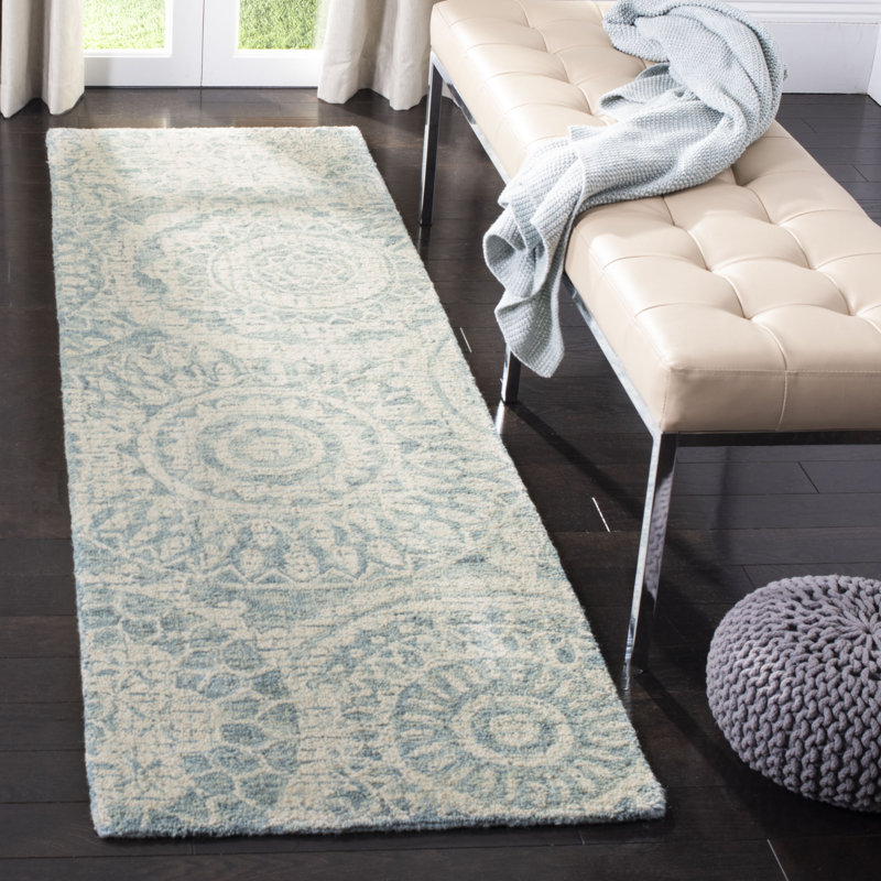 Tapis ivoire / bleu en laine touffeté à la main Salerna, Tapis de couloir 2 pi 3 po x 12 pi