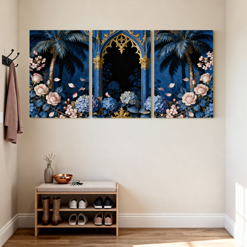 Plantes et fleurs, palmier arche de jardin, reflet bleu or, ensemble de 3 impressions sur toile, H 30 po x l 20 po