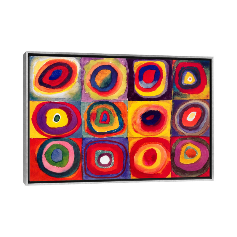 "carrés avec cercles concentriques" par wassily kandinsky,-impression, Toile avec cadre argenté, H 32 po x l 48 po x P 1,5 po