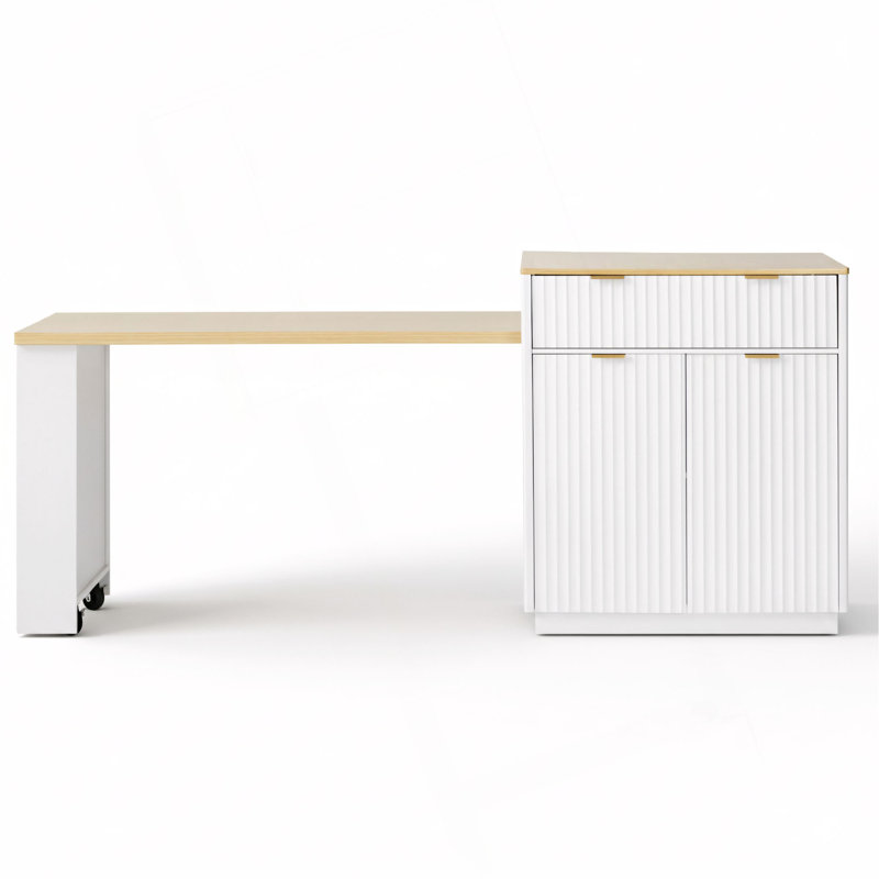 82.6" Fluted Kitchen Island With Extendable Dining Table For 4-6, Island Table For Kitchen With Power Outlet, Kitchen Table With Double-Side Storage, 2 Drawers 2 Side Open Shelves