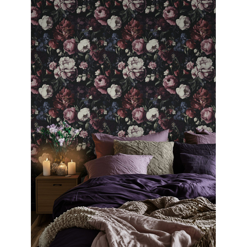 Papier peint floral foncé avec grandes pivoines Moody