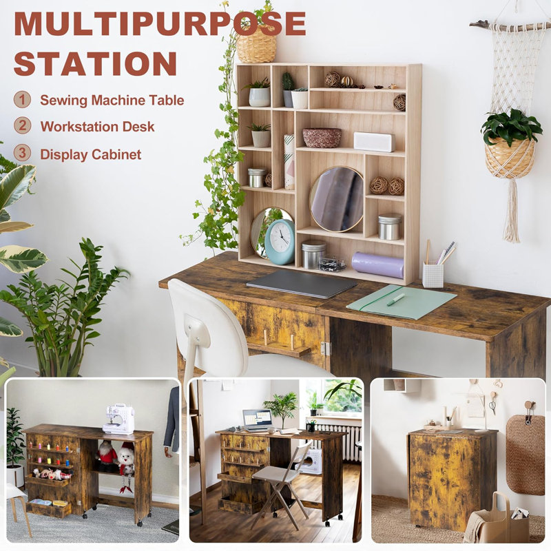 Folding Sewing Table with Wheels, Shelves, Bins, Pegs, Magnetic Locks - Rustic Brown, Rustic Brown