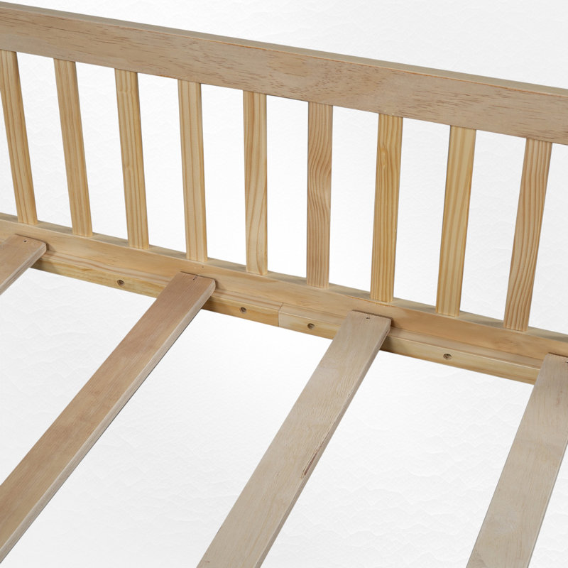 Full Size Wood Platform Bed With Guardrail, Natural
