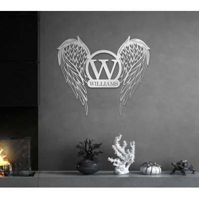 Décoration murale en métal «Family Nom Sign», texte personnalisé sur ailes d'ange