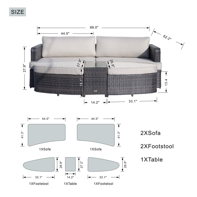 Outdoor Daybed 5-Piece All-Weather Wicker Outdoor Sectional Sofa Set with Ottoman, Tempered Glass Coffee Table and Cushions, Aluminum Frame Patio Brown Conversation Set