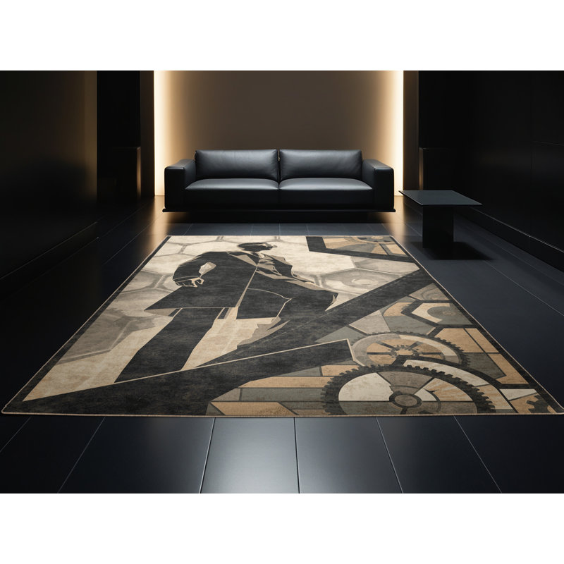 Tapis géométrique moderne beige et beige lavable à la machine Warmpunk, 5 x 7