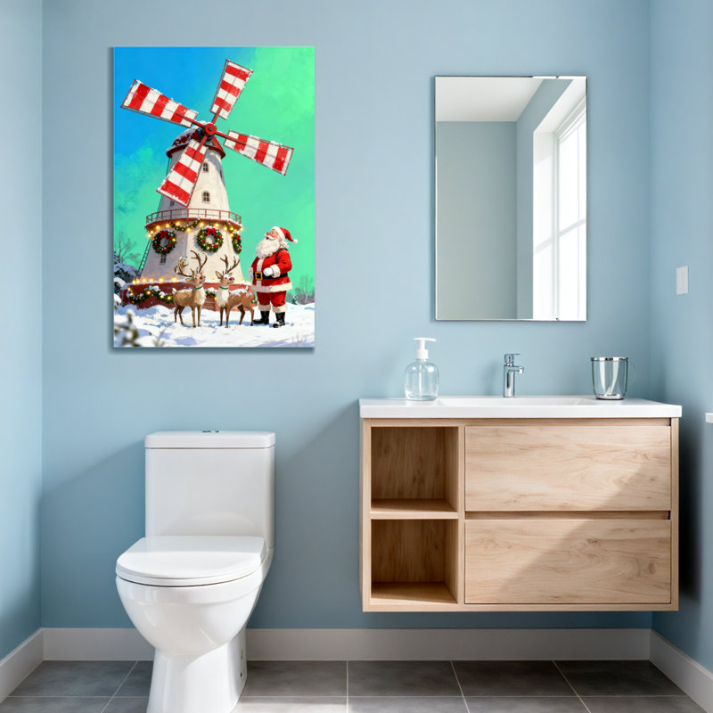 Noël, père Noël, renne, moulin à vent, scène de Noël, paysage d'hiver, décor des Fêtes, H 24 po x l 16 po