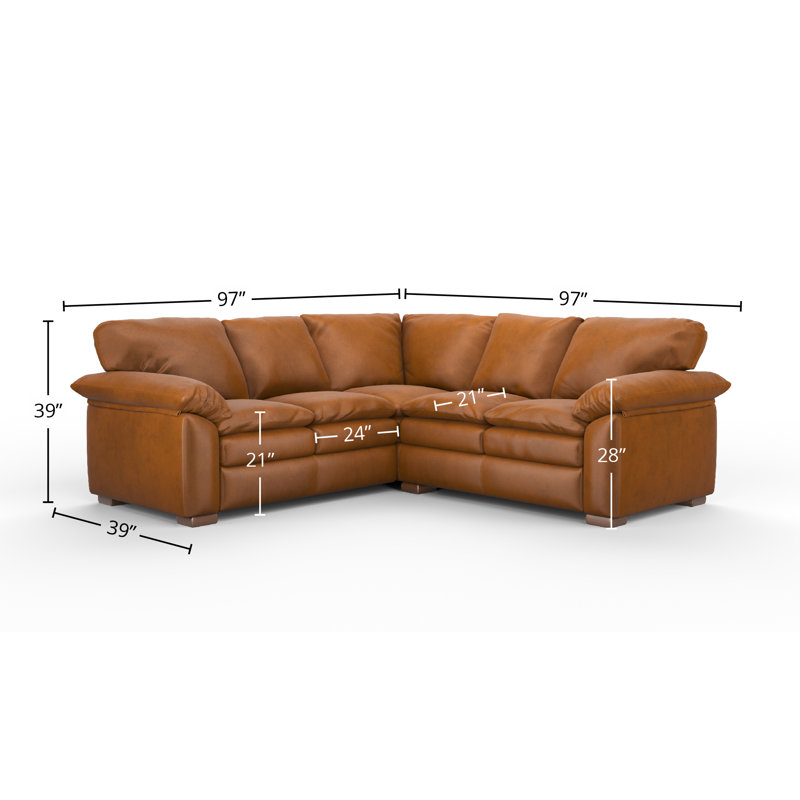 Capri 2x2 100% Full Top Grain Leather Sectional, Plush Saddle Genuine Leather