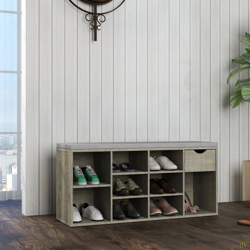 Banc de rangement, banc à chaussures, banc d'entrée avec coussin rembourré, tiroir et compartiments ouverts, banc avec rangement, banc à chaussures à 3 niveaux