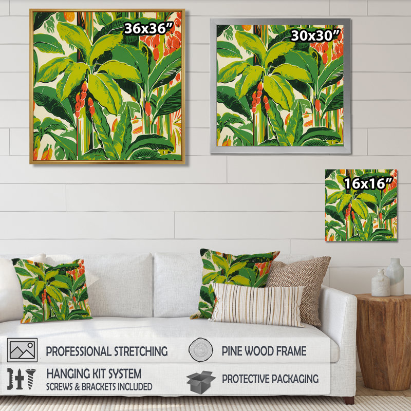 Palmiers tropicaux Illustration rétro - feuilles, art mural, Toile tendue, H 36 po x l 36 po x P 1,5 po