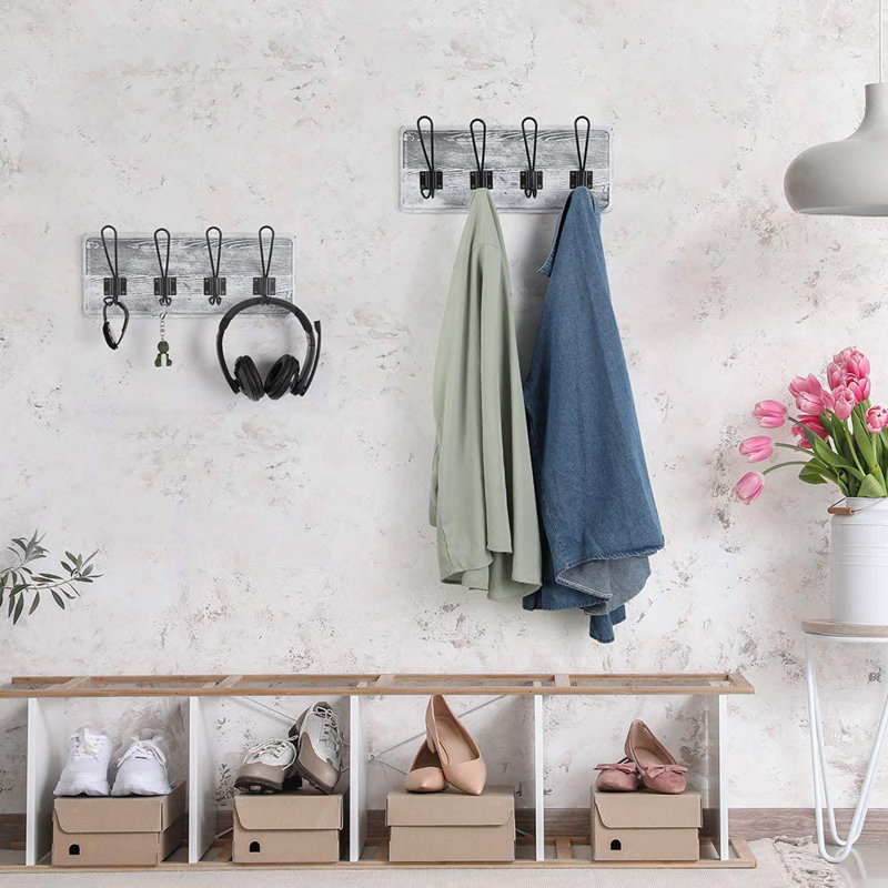Hiroko Wall 4 - Hook Wall Mounted Coat Rack, Rustic White