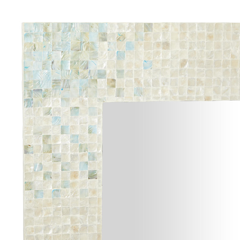 Mother of Pearl Shell Handmade Mosaic Room Wall Mirror with Blue Corners, 35.5"  x 47.75" 