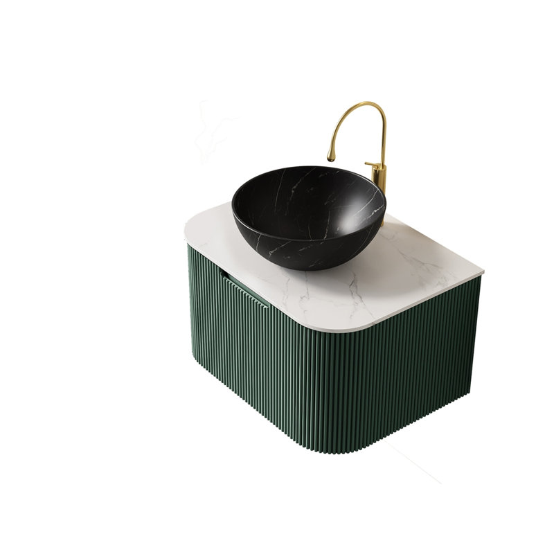 Meuble-lavabo 24 po, armoire de salle de bain en contreplaqué rayé à bords arrondis avec tiroir, vasque en céramique noir mat et plateau en pierre frittée, pré-assemblé