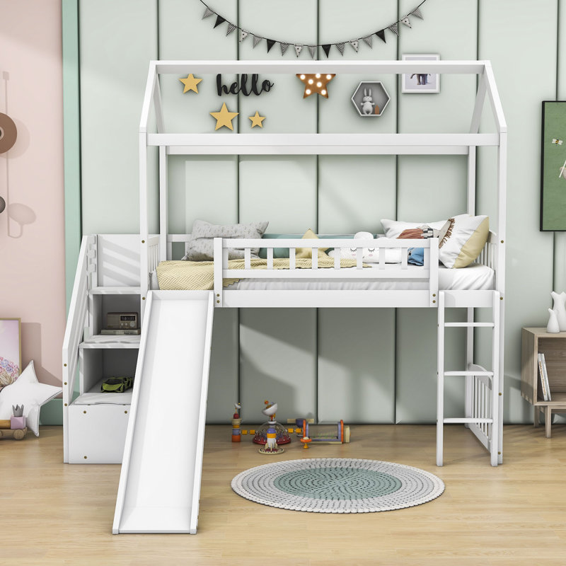 Twin Size Wooden Loft Bed with Slide and Storage, White