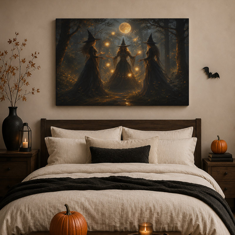 «Three Witches with Glowing Orbs In Moonlit Forest», art mural sur toile, H 20 po x l 30 po