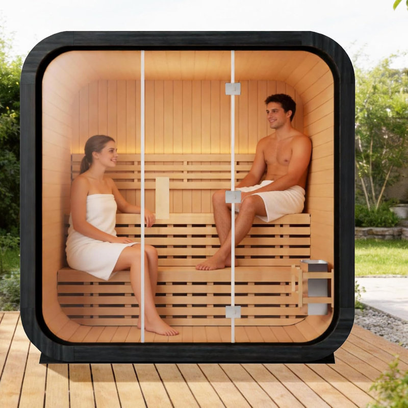 Hylivesaunas 4-6 Person Outdoor Cube Panoramic Steam Sauna Room, Traditional Canadian Hemlock Barrel Wooden Saunas, 6KW Sauna Stove, Rocks, Light, Asphalt Shingle, Relaxing Spa, 0-195℉