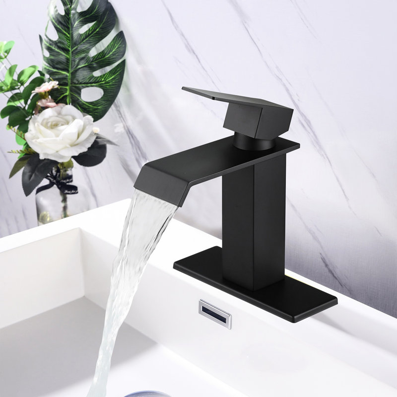 Single Handle Lavatory Sink Faucet - Waterfall Spout, Matte Black, Adjustable Temp Modern Style Bathroom Handle, Temperature