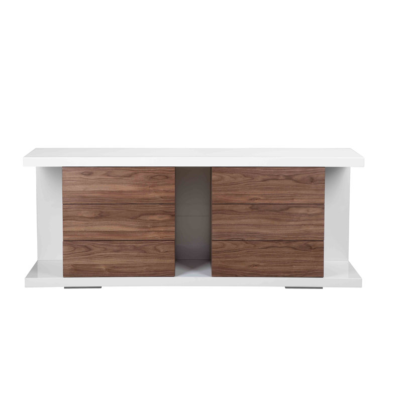Pangea Home Thite Jamer 71" Wide 6 Drawer Sideboard - FULLY ASSEMBLED - Modern Storage Buffet – Contemporary Sideboard Cabinet, Bedroom Dresser with Drawers for Dining Room, Living Room, Bedroom, or Kitchen - Walnut Wood Veneer and White Glossy Lacquer
