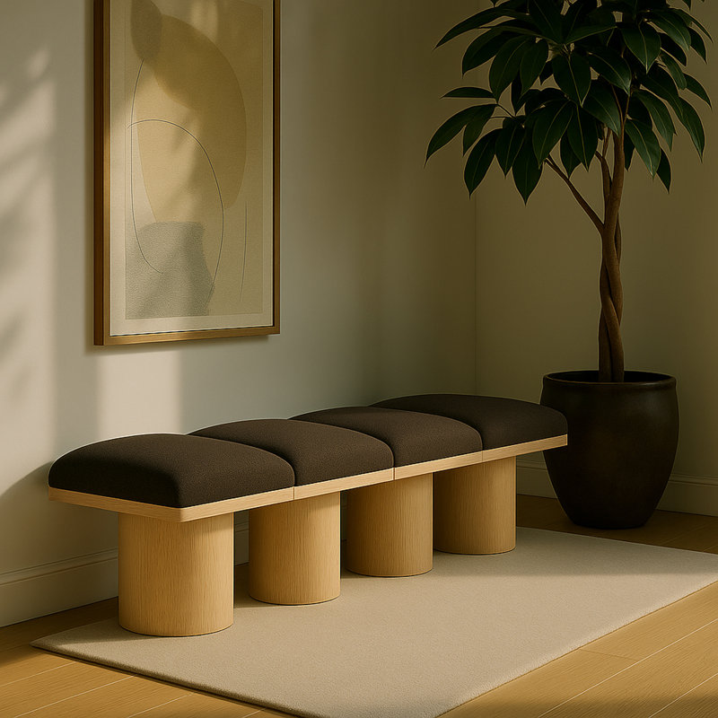 Banc rembourré Horatia, Naturel, Tissu brun bouclé, H 17,5 po x l 72 po x P 15,5 po
