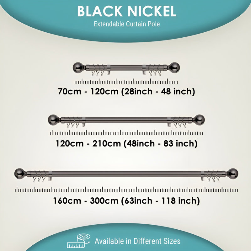 Adjustable 4.5cm Double Curtain Pole, Black Nickel, 120cm - 210cm