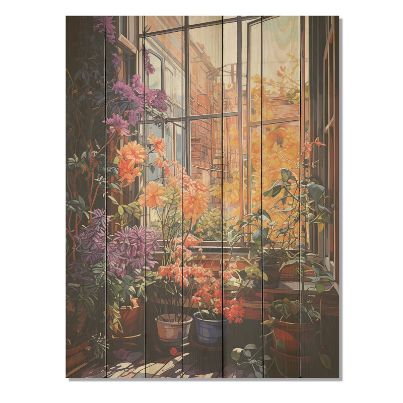 «Sunset Florals», vue de fenêtre en Italie I - fenêtre florale sur bois, H 20 po x l 10 po