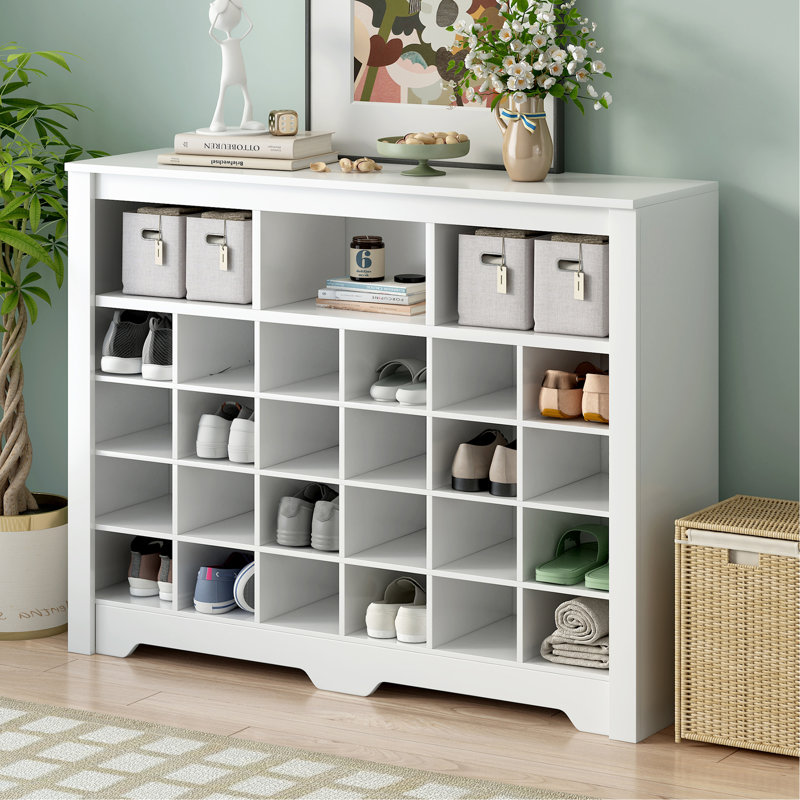 Sleek Design 24 Shoe Cubby Console, Modern Shoe Cabinet With Curved Base, Versatile Sideboard With High-Quality For Hallway, Bedroom, Living Room, White