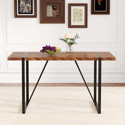 Table de salle à manger rectangulaire minimaliste rétro, plateau en bois aggloméré texturé avec pieds en métal noir