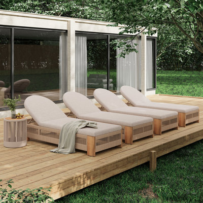 Chaise longue d'extérieur en corde, chaises longues de patio, meubles d'extérieur près de la piscine, table d'appoint en bois d'aspect teck et coussins beiges, chaise longue avec dossier réglable (corde beige)