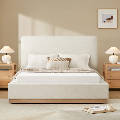 Lit plateforme Eterna avec tête de lit tapissier en tissu et base en bois