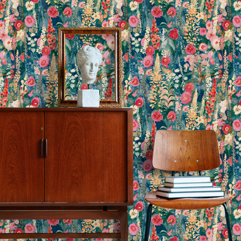 Inia Collection All-Over Classical Floral Wallpaper Roll, Blue