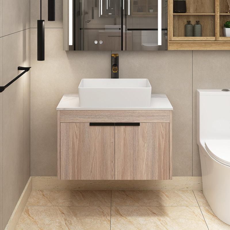 Meuble-lavabo simple 30 po avec lavabo en céramique et plateau en pierre blanche Russon