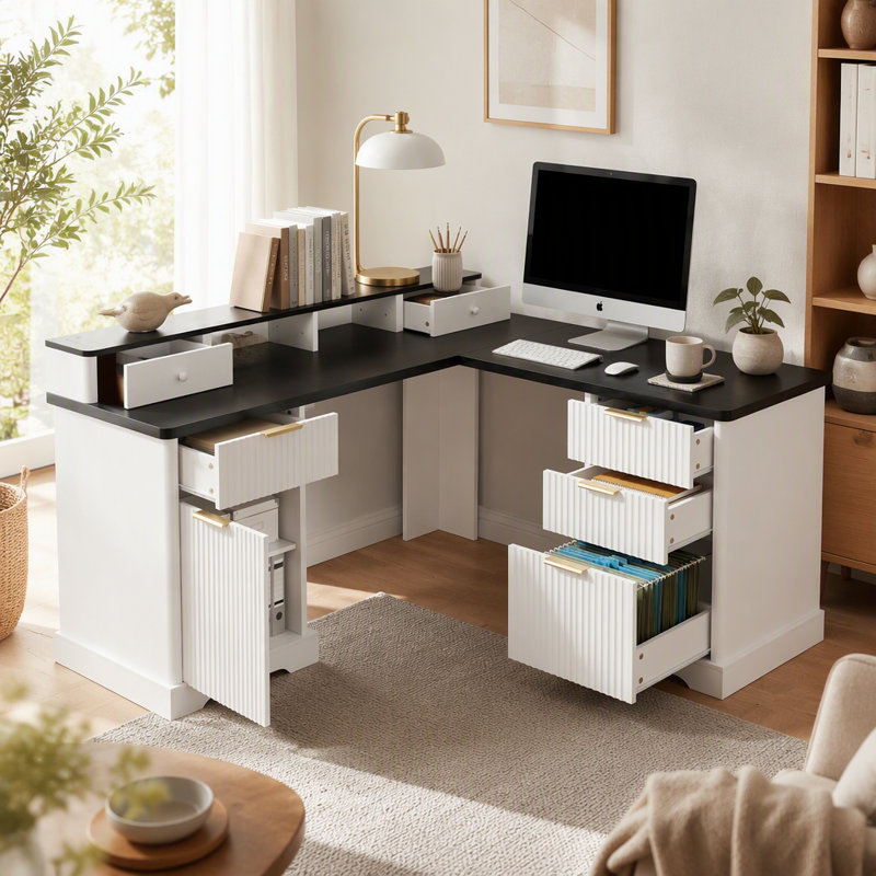 Bureau en L 59 po cannelé avec station de charge et armoire de rangement 59 po Modern