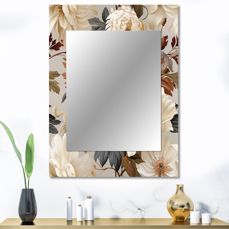 Stamo Beige Soft Neutrals Peonies Elegance - Floral Mirror, Floral Unique Wall Mirror, Printed Metal Art, 40" x 30"