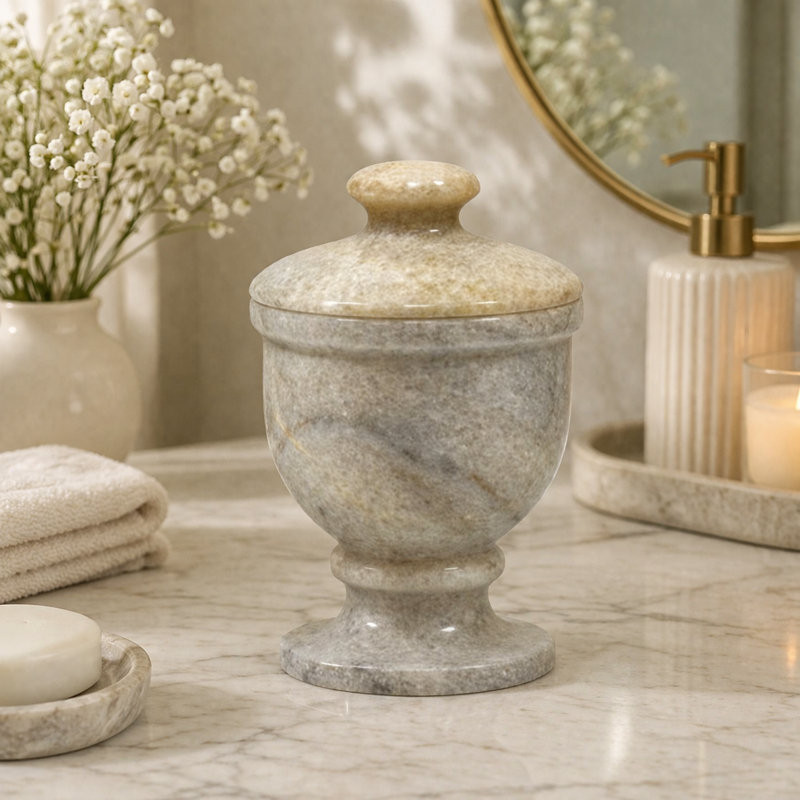 Badal Grey Marble Bathroom Storage Jar with Lid – Cotton Ball & Vanity Organizer
