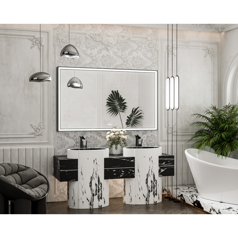 Miroir de salle de bain avant à DEL antibuée avec cadre en métal biseauté, 36 po x 60 po, Noir mat, Rectangulaire