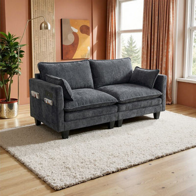Modern Black Chenille Loveseat Sofa – 2-Seat Compact Couch with Dual USB Charging & Side Pockets, Perfect for Bedroom, Office, or Apartment
