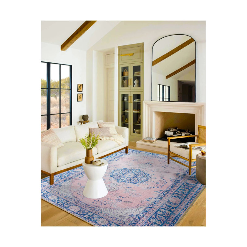 Tapis décoratif traditionnel rose et tapis lavable, Rectangle 4' x 6'